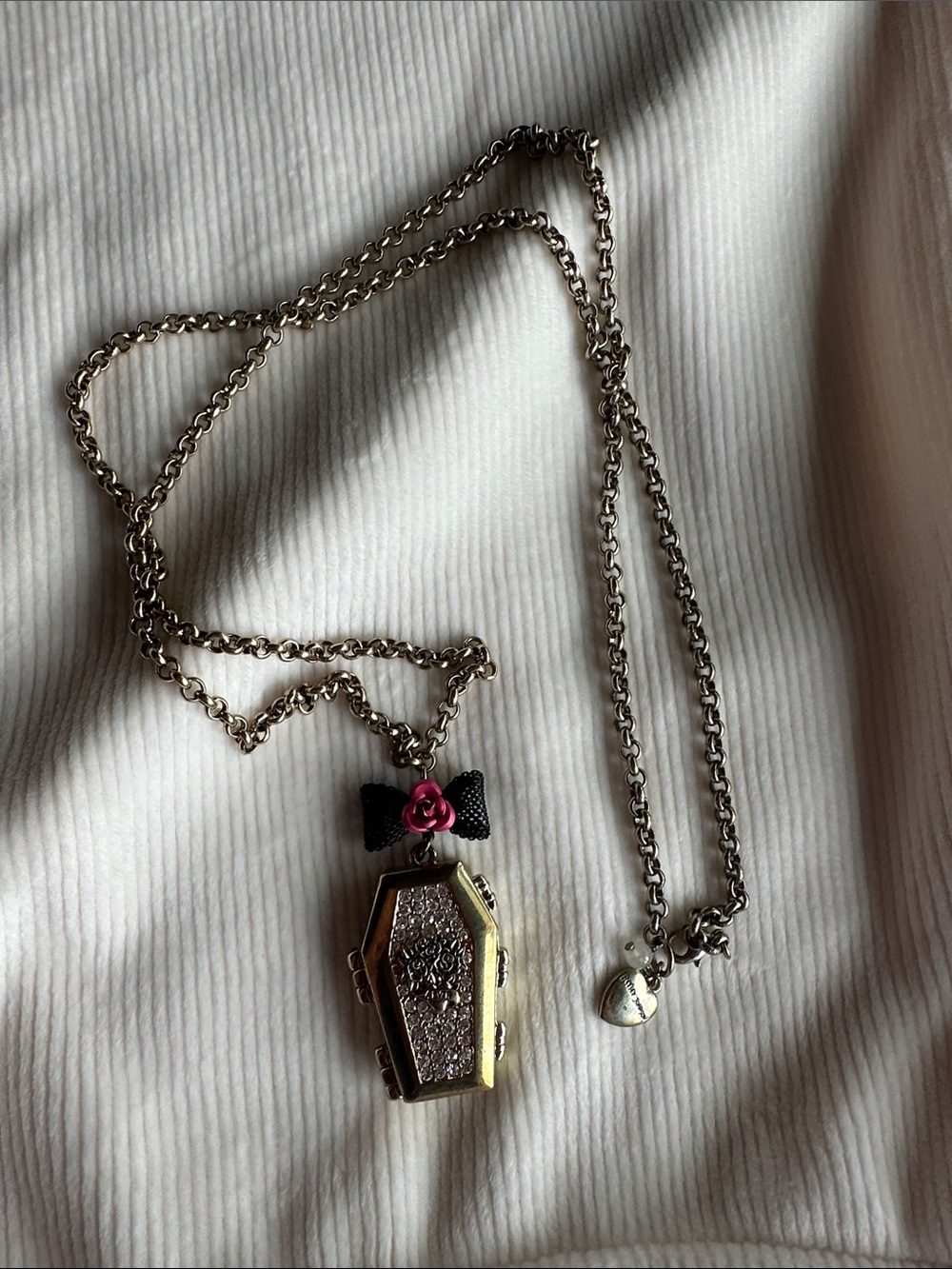 Betsey Johnson Gold Coffin Locket Necklace with Pink Rose Accent